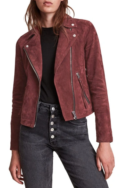 Allsaints Womens Cherry Oak Red Dalby Suede Biker Jacket 10 In Cherry Oak Red