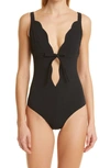 Lisa Marie Fernandez Scallop Bow Seersucker Maillot One-piece Swimsuit In Black Seersucker