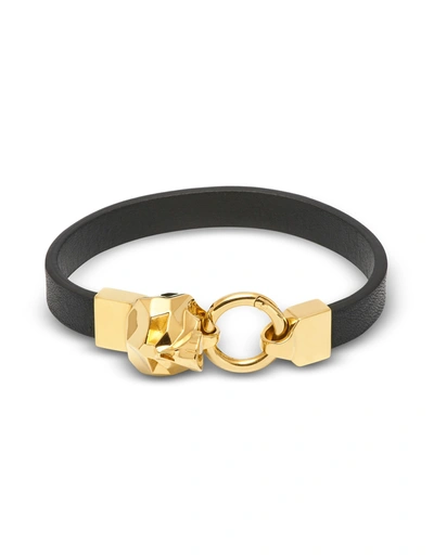 Northskull Hexagus Skull Yellow Gold Lated Brass Leather Bracelet In Black