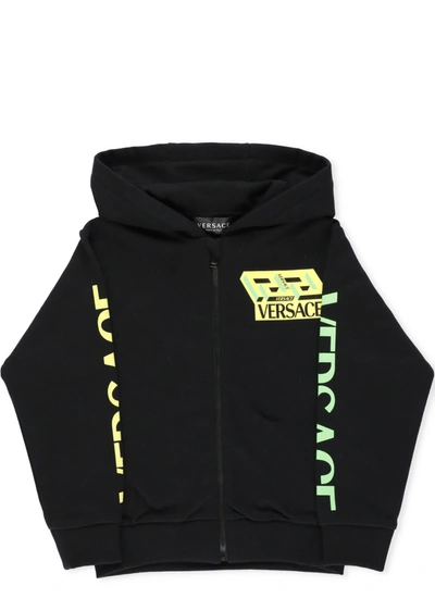 Versace Kids' Logo Print Cotton Sweatshirt Hoodie In Nero+giallo+verde