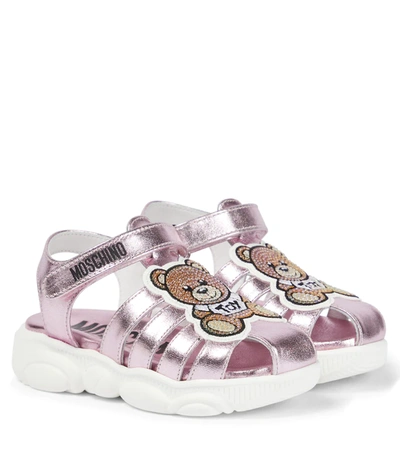 Moschino Kids' Logo Leather Sandals In Pink