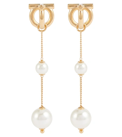 Ferragamo Gancini Pearl-drop Brass Pendant Earrings In Gold