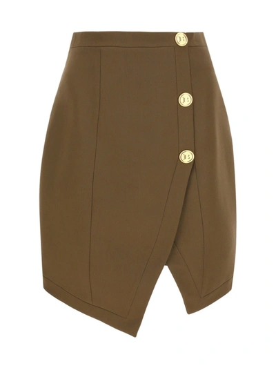 Balmain Asymmetric 3-button Mini Skirt In Taupe