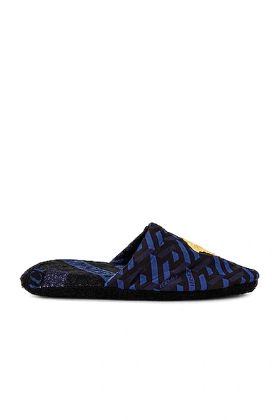 Versace All Over Monogram Print Slippers In Blue