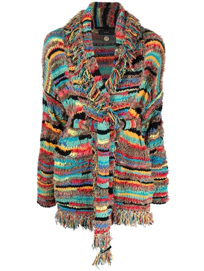 Alanui Over The Rainbow Fringed Striped Jacquard-knit Cotton-blend Cardigan In Brown