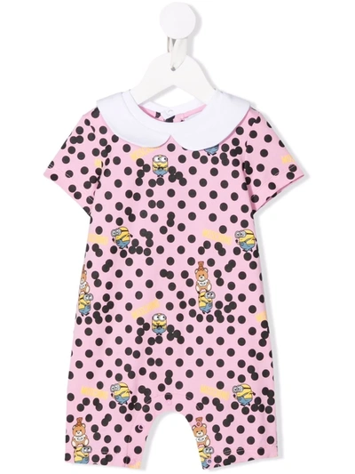 Moschino Pink Romper For Baby Girl With Logo And Minions