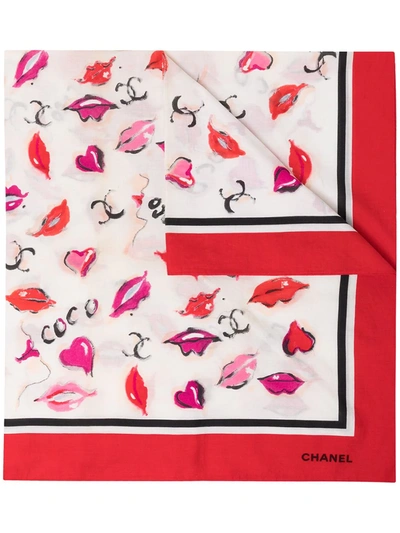Pre-owned Chanel 1990s Cc Lip-print Scarf In White