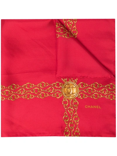 Pre-owned Chanel 1990s Cc Chain-link Print Silk Scarf In Red