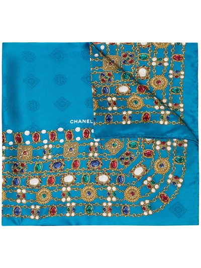 Pre-owned Chanel 1990s Jewel-print Silk Scarf In Blue