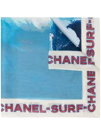 Pre-owned Chanel 2002 Surf Line Graphic-print Scarf In Blue