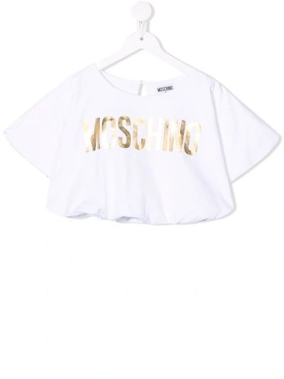 Moschino Kids' Cropped Logo-print T-shirt In White