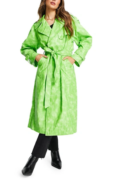 Topshop Tie Dye Faux Leather Trench Coat In Green