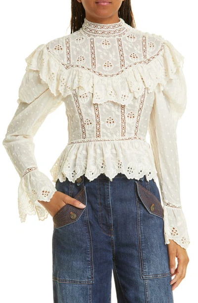 Ulla Johnson Emmanuelle Crochet-trimmed Broderie Anglaise Cotton And Silk-blend Blouse In Pristine