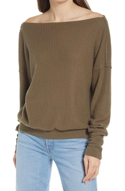 Treasure & Bond Off The Shoulder Thermal Knit Top In Olive Tree