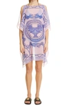Versace Barocco Print Beach Silk Dress In Pink Blue