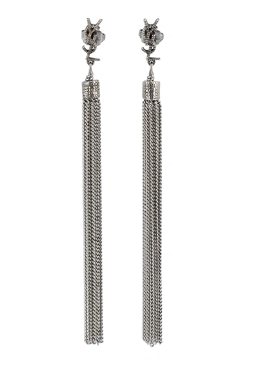 Saint Laurent Loulou Chain Tassel Earrings In Silver
