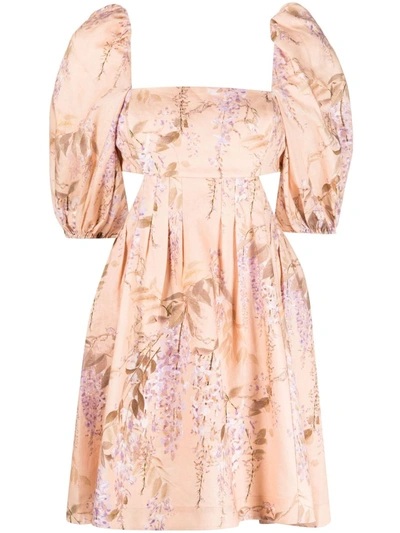 Zimmermann Rosa Cutout Floral-print Linen-calico Mini Dress In Neutrals