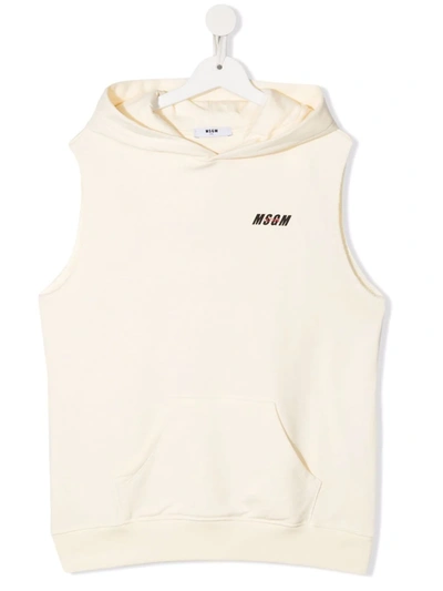 Msgm Teen Logo-print Sleeveless Hoodie In Ivory