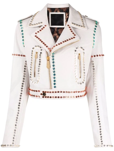 Philipp Plein Crystal-trim Studded Cropped Biker Jacket In Weiss