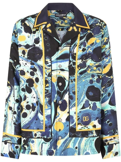Dolce & Gabbana Silk Shirt With Blue Marbled Print In Multicolor
