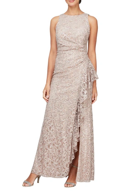 Alex Evenings Sequin Lace Cascading Ruffle Gown In Buff