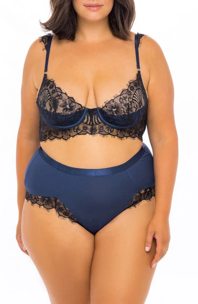 Oh La La Cheri Plus Size Viscose Jersey And Eyelash Lace Bra With Molded Shelf Cup And Matching High Waist Short Wi In Estate Blue/black