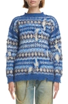 Maison Margiela Distressed Fair Isle Wool And Cotton-blend Sweater In Light Blue