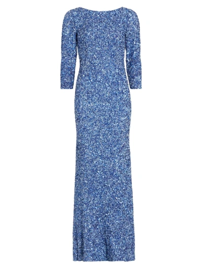 Theia Three-quarter Sleeve Sequin Sheath Gown In Oxford Blue