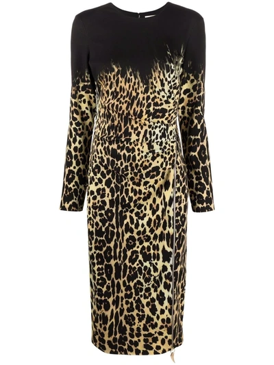 Roberto Cavalli Leopard-print Long-sleeve Dress In Black