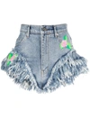 Natasha Zinko Rose-print Frilled Denim Shorts In Blue