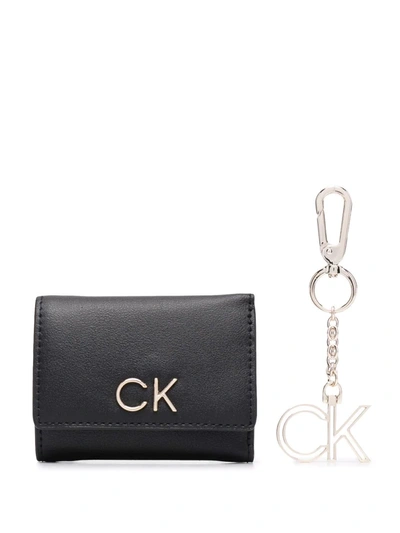 Calvin Klein Tri-fold Wallet-keychain Set In Black