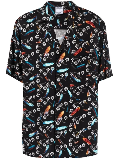 Marcelo Burlon County Of Milan Hawaii Print Viscose Bowling Shirt In Black