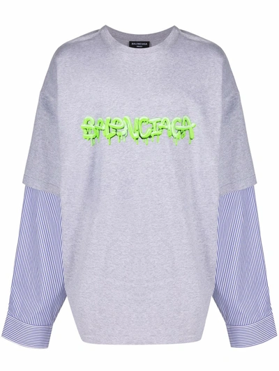 Balenciaga Heather Grey / Slimegreen Logo Layered Sleeve T-shirt, Size Medium In Light Grey