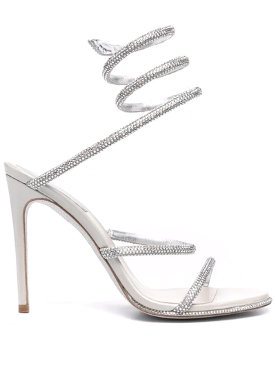 René Caovilla Cleo Ankle-wrap Crystal-embellished Satin Sandals In Grey