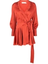 Zimmermann Ruffled Silk-satin Wrap Mini Dress In Pumpkin