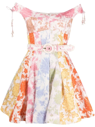 Zimmermann Floral-print Off-shoulder Dress In White,light Blue,pink,orange