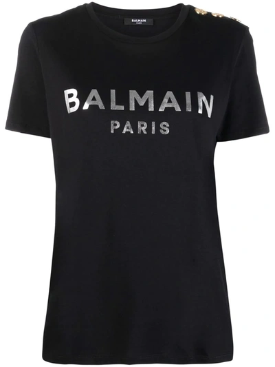 Balmain Black Three-button Metallic Logo T-shirt In Black White