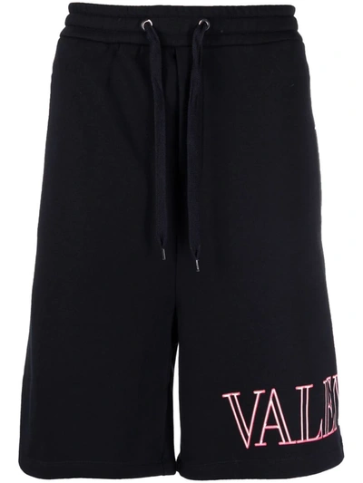 Valentino Logo Printed Black Drop Crotch Shorts In Nero