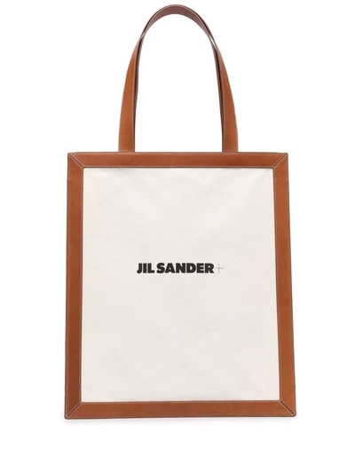 Jil Sander Canvas Shoulder Bag With Logo Print - Atterley In Beige