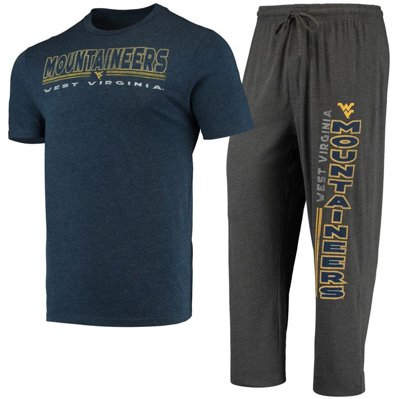 Concepts Sport Men's  Heathered Charcoal, Navy West Virginia Mountaineers Meter T-shirt And Pants Sle In Heathered Charcoal,navy