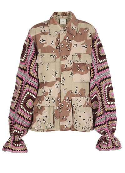 Tu Lizé Beige Camouflage Jacket With Crochet Sleeves In ["beige"/ "multicolor"/ "print"]