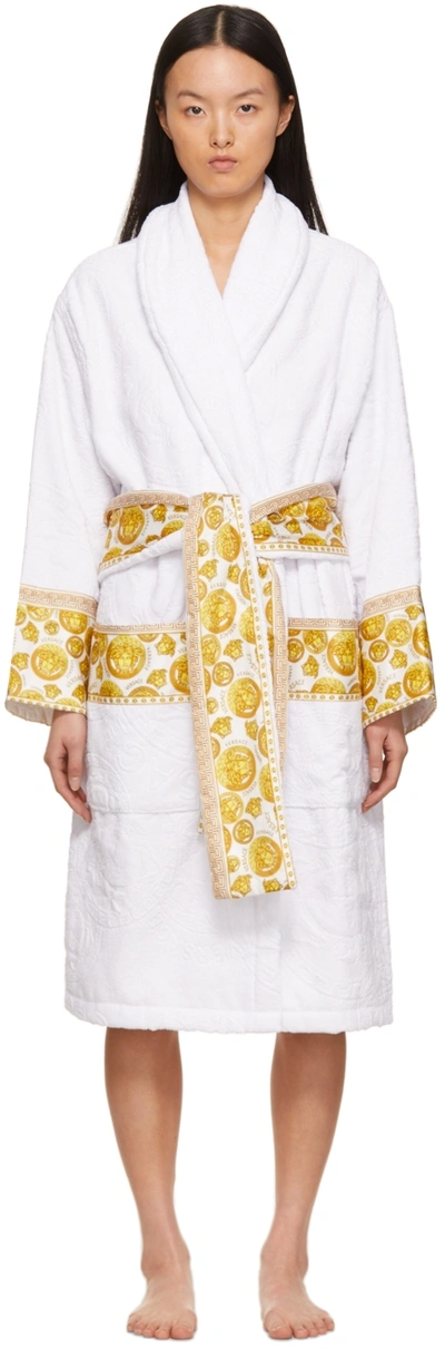 Versace White Barocco Bath Robe In White/gold