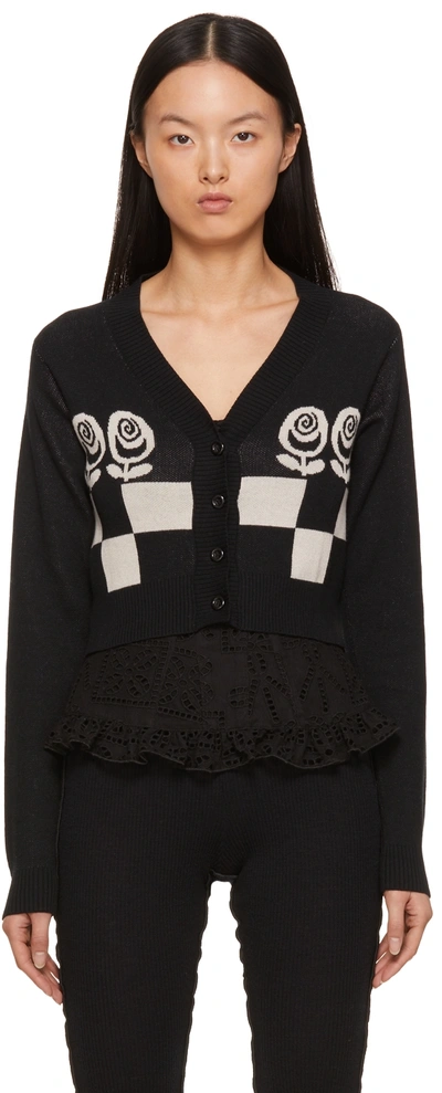 Anna Sui Black & White Rose Checker Sweater In Black Multi