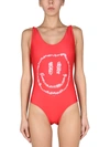 Ganni Red One-piece Swimsuit With Smile Print In Red