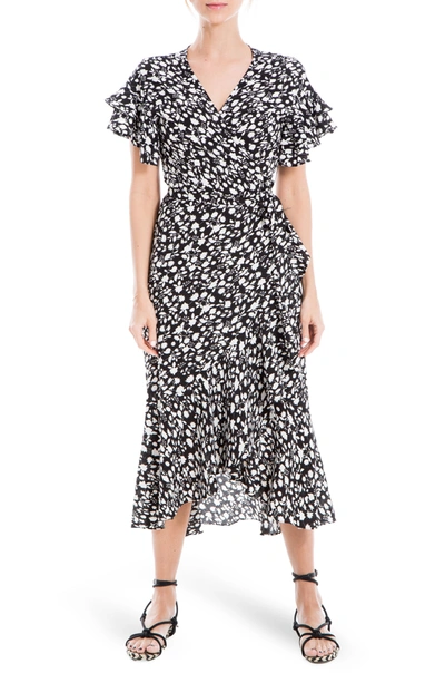 Max Studio Ruffle Crepe High/low Wrap Midi Dress In Black/ Ivory Flower Shadow