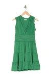 Max Studio Sleeveless Short Smocked Dress In Green/ White