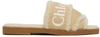 Chloé Woody Shearling-trimmed Logo-print Canvas Slides In Beige