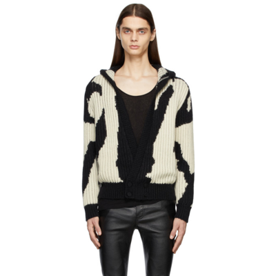 Saint Laurent Black & Off-white Hooded Jacquard Cardigan In Nero Naturelle