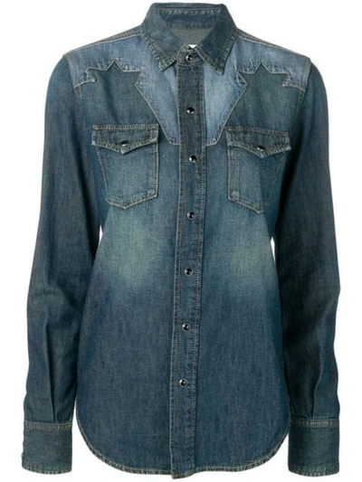 Saint Laurent High Neck Ruffled Denim Shirt In Blue