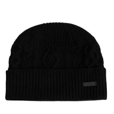 Hugo Boss Cable Knit Beanie Hat With Logo Plate In Black